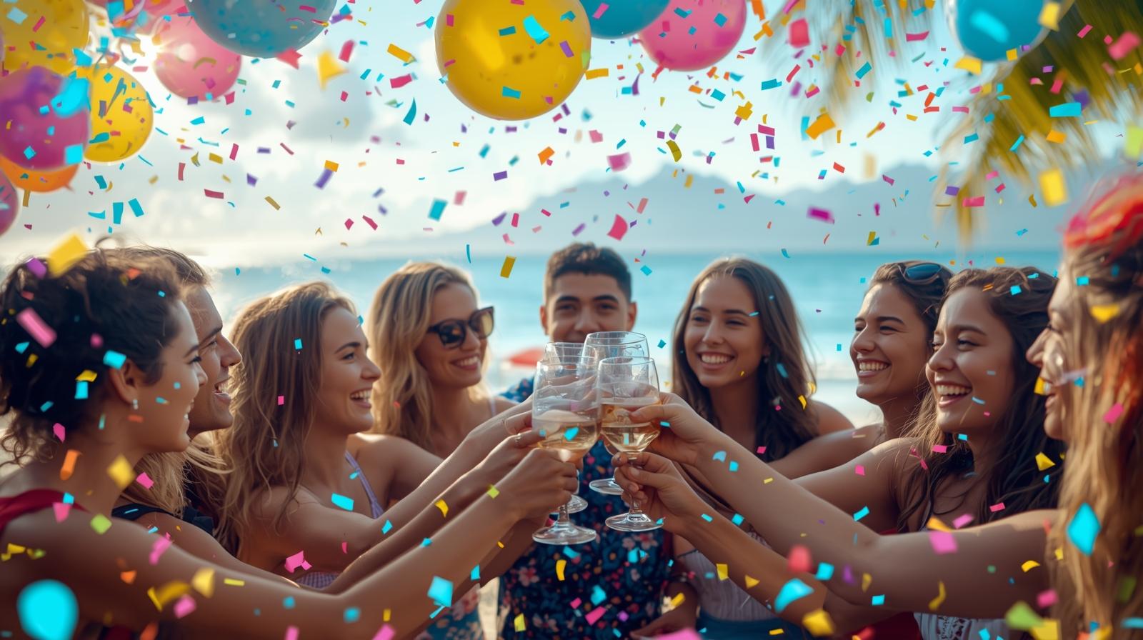 A vibrant, celebratory image depicting a diverse group of smiling friends raising glasses in a toast, surrounded by festive balloons and confetti, with a blurred background hinting at a tropical beach and snow-capped mountains, evoking the joy of vacation birthday celebrations. https://fullhousegetaways.com/2026/02/celebrate-your-birthday-at-one-of-our-three-condos-in-kauai-miramar-florida-or-breckinridge-colorado/